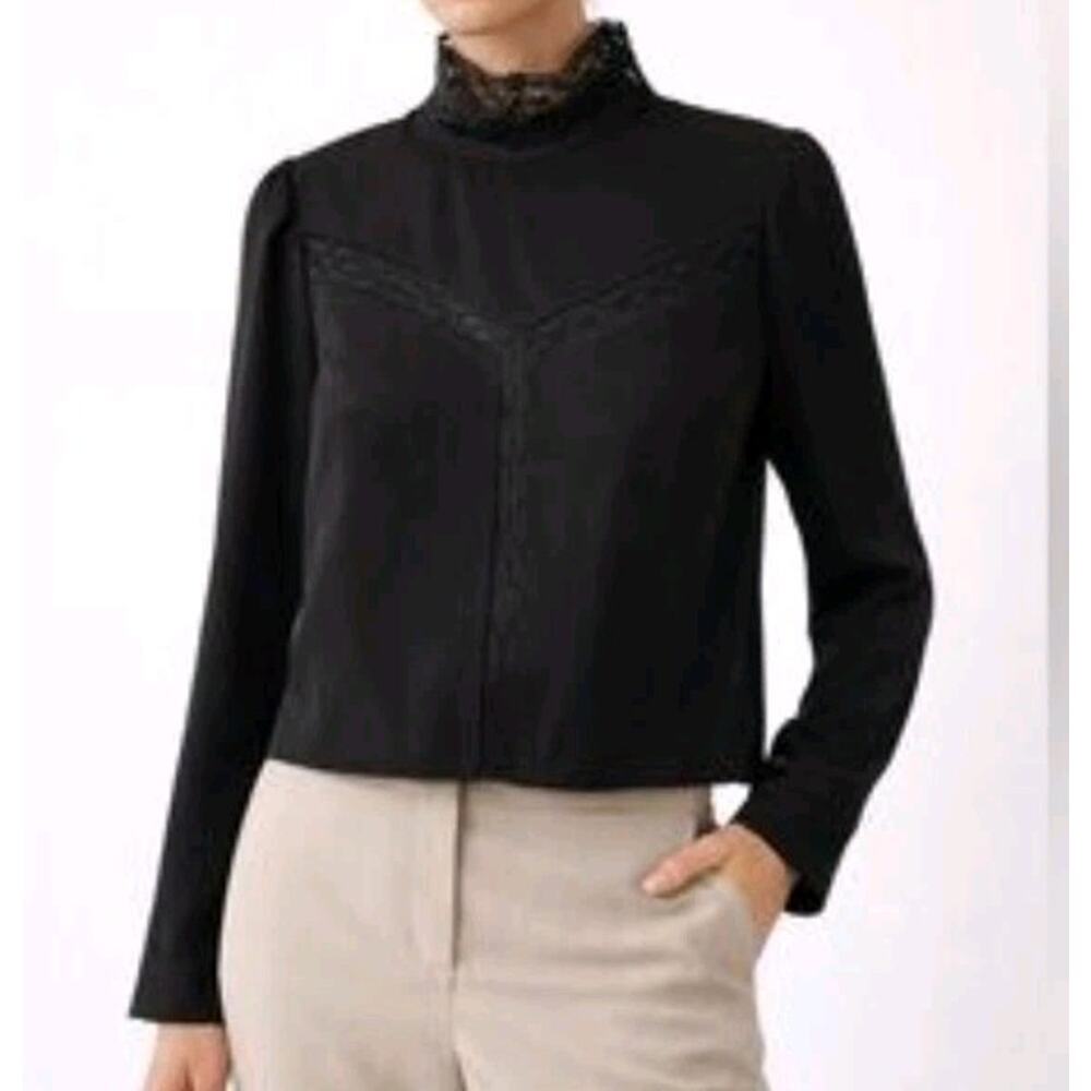 Wilfred Aritzia Delaney Black Lace Panel Blouse Long Sleeve Women’s S Academia